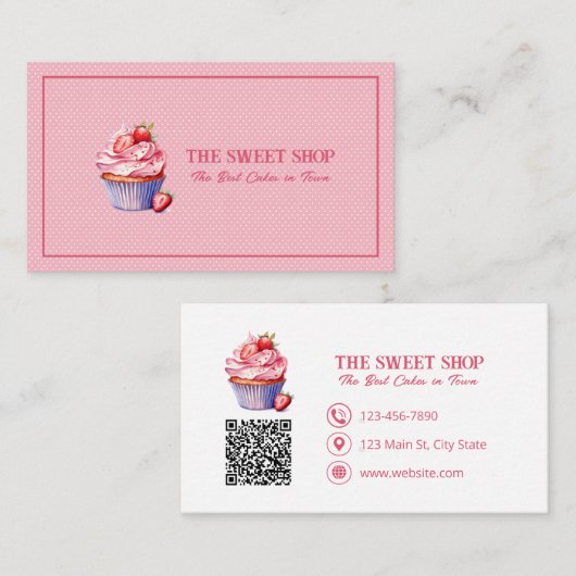 Pink Cupcake Bakery QR Code Business Card Visitekaartje (Voorkant / Achterkant)