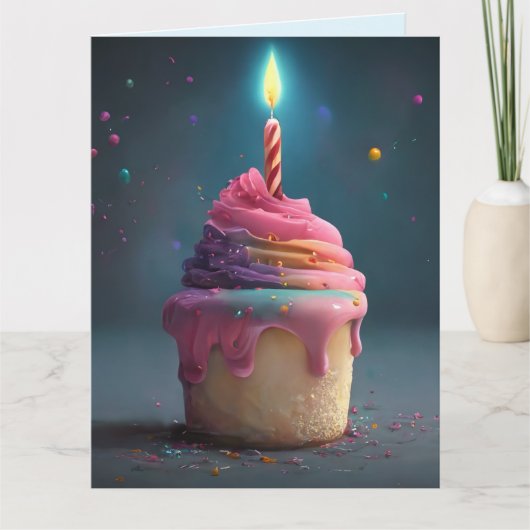 PINK CUPCAKE CANDLE BIG BIRTHDAY KAART (Voorkant)