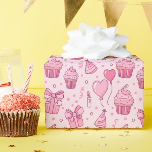 Pink Cupcakes Birthday Wrapping Paper Cadeaupapier (Verjaardagsfeest)