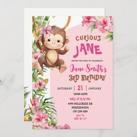 Pink Curious Monkey Safari Theme Birthday Kaart (Voorkant / Achterkant)
