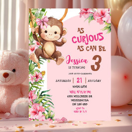 Pink Curious Monkey Savannah Theme Birthday Kaart