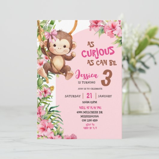 Pink Curious Monkey Savannah Theme Birthday Kaart (Staand voorkant)