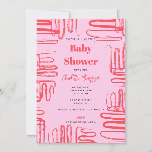 Pink Curve Wavy Squiggle Abstract Baby Shower Kaart (Voorkant)