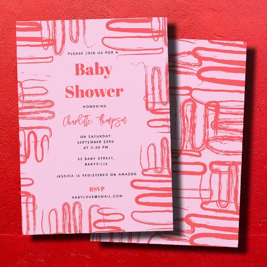 Pink Curve Wavy Squiggle Abstract Baby Shower Kaart