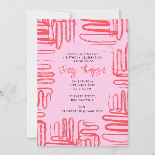 Pink Curve Wavy Squiggle Abstract Verjaardagsfeest Kaart (Voorkant)