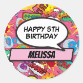 Pink Custom Comic Book Superheld Birthday Party Ronde Sticker (Voorkant)