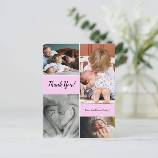 Pink Custom fotocollage tweede baby aankondiging Briefkaart (Staand voorkant)