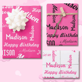 PINK Custom NAME Happy Birthday Girl's Gift 3 Inpakpapier Vel