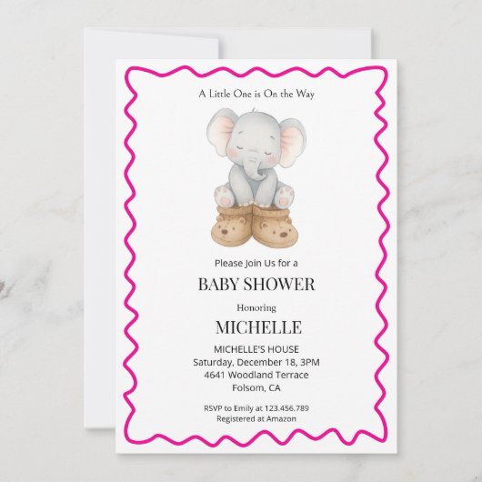 Pink Cute Baby Elephant Baby Shower Invitation  Kaart (Voorkant)