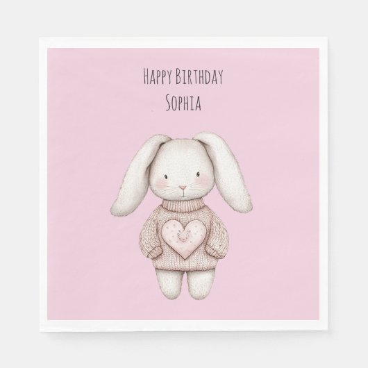 Pink Cute Bunny Pink Sweater Heart Birthday Servet (Voorkant)