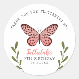 Pink Cute Butterfly Girls Birthday Party Hartelijk Ronde Sticker