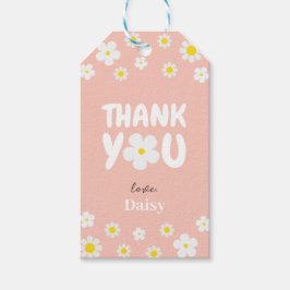 Pink Cute Daisy Script Dank u Verjaardagsgunst Cadeaulabel