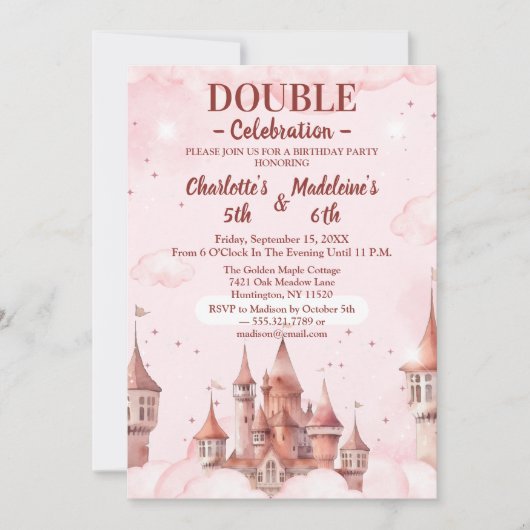  Pink Cute Princess Castle Joint Birthday Kaart (Voorkant)