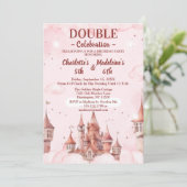  Pink Cute Princess Castle Joint Birthday Kaart (Staand voorkant)