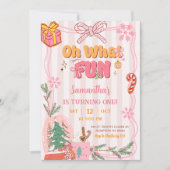 Pink Cute Retro Christmas Winter 1st Birthday Kaart (Voorkant)