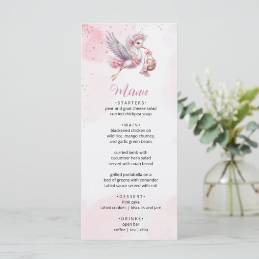 Pink & Cute Stork Baby Girl Shower Menu Card (Staand voorkant)