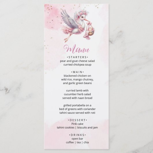 Pink & Cute Stork Baby Girl Shower Menu Card (Voorkant)