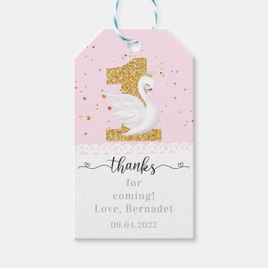Pink Cute Swan Princess 1st Birthday Gift Labels Cadeaulabel (Voorkant)
