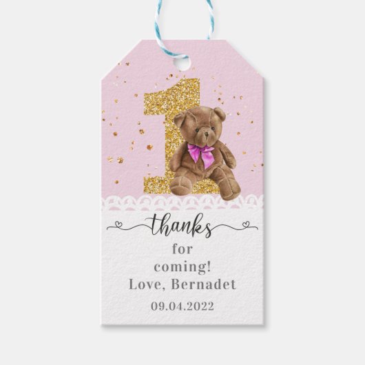 Pink Cute Teddy Bear 1st Birthday Gift Labels Cadeaulabel (Voorkant)