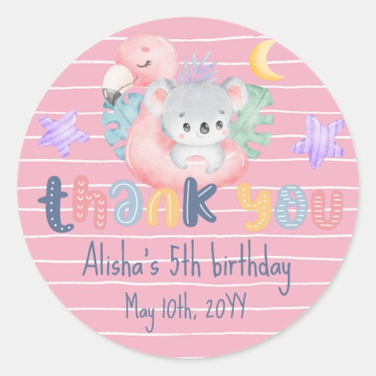Pink Cute Waterverf Koala Birthday Hartelijk dank Ronde Sticker (Voorkant)