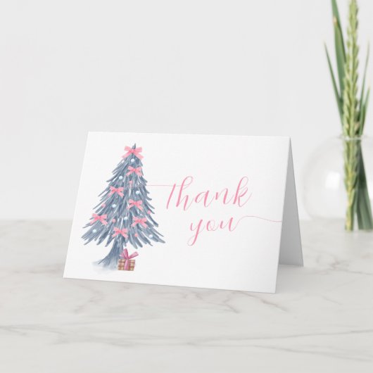 Pink Cute Winter Bow Christmas Tree Baby Shower  Bedankkaart (Voorkant)