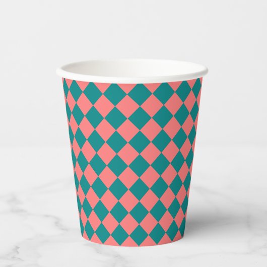 Pink Cyan Checker Diamond Pattern Papieren Bekers (Voorkant)