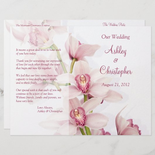 Pink Cymbidium Orchid Floral Wedding Programme (Voorkant / Achterkant)