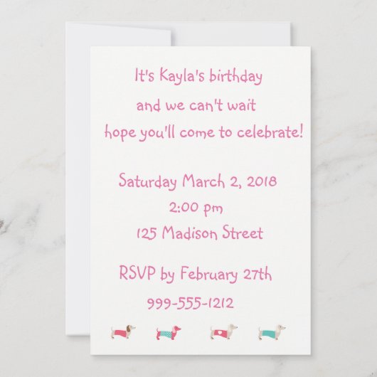 Pink Dachshund Birthday Party Invitation Kaart (Achterkant)