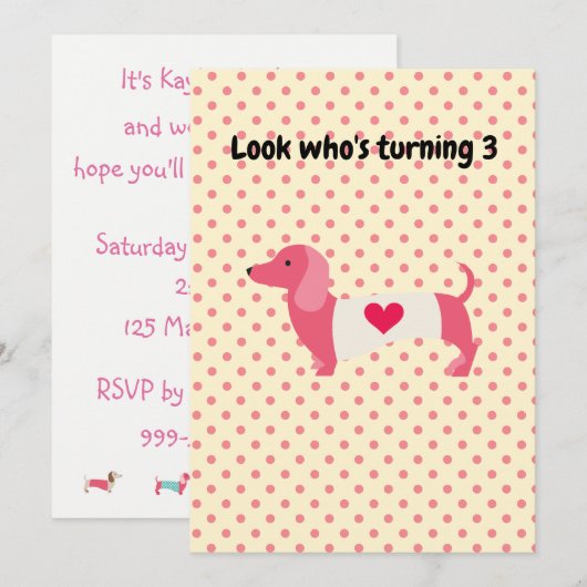 Pink Dachshund Birthday Party Invitation Kaart (Voorkant / Achterkant)