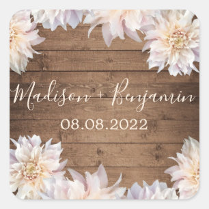 Pink Dahlia Flower Rustic Wood Weddenschap Square Vierkante Sticker