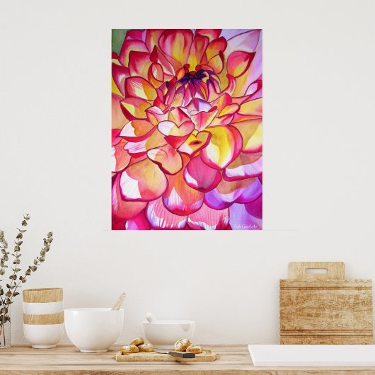 Pink Dahlia waterverf fine art poster (Keuken)