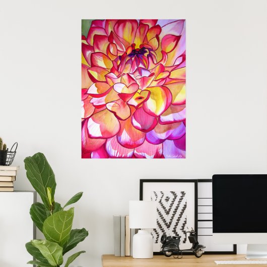 Pink Dahlia waterverf fine art poster (Thuiskantoor)
