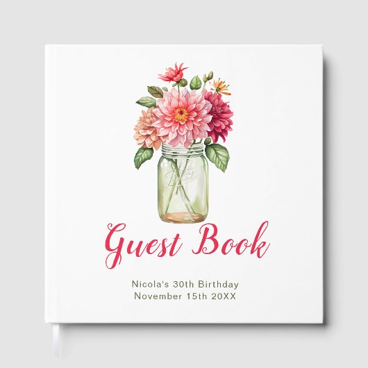 Pink Dahlias Mason Jar Birthday Party Gastenboek (Voorkant)