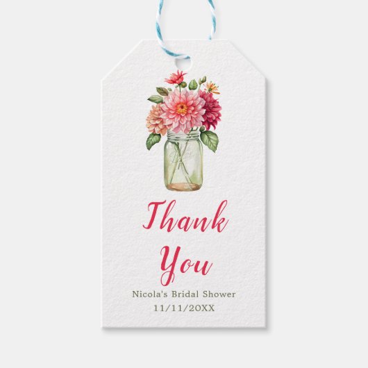 Pink Dahlias Mason Jar Bridal Shower Cadeaulabel (Voorkant)