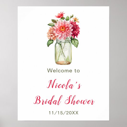 Pink Dahlias Mason Jar Vrijgezellenfeest Welkom Poster (Voorkant)