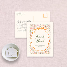 Pink Dainty Flowers and Orange Bow Thank You Briefkaart