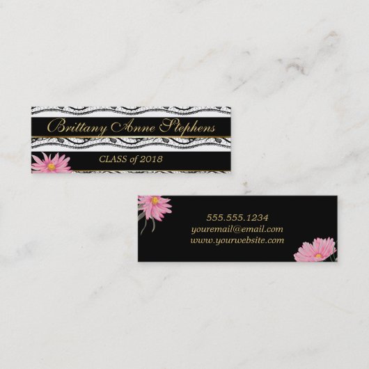 Pink Daisies Black Lace Afstuderen Naam Invoegen Contactkaartje (Voorkant / Achterkant)