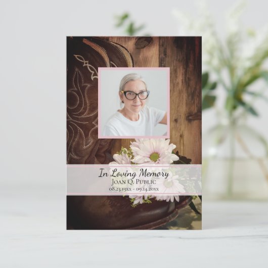 Pink Daisies Cowboy Boot Funeral Memorial Sympathi Bedankkaart (Staand voorkant)