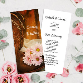 Pink Daisies Cowboy Boots country Wedding Program Programmakaart