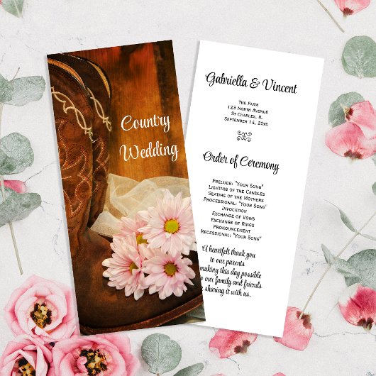 Pink Daisies Cowboy Boots country Wedding Program Programmakaart