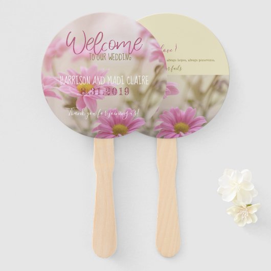 Pink Daisies Wedding Fans Romantische bloemen Handwaaier (Voorkant en achterkant)
