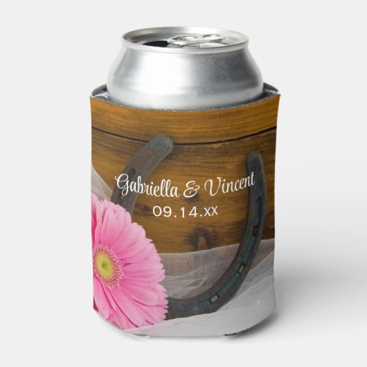 Pink Daisy and Hoefijzer Country Wedding Favor Blikjeskoeler (Blikje Voorkant)