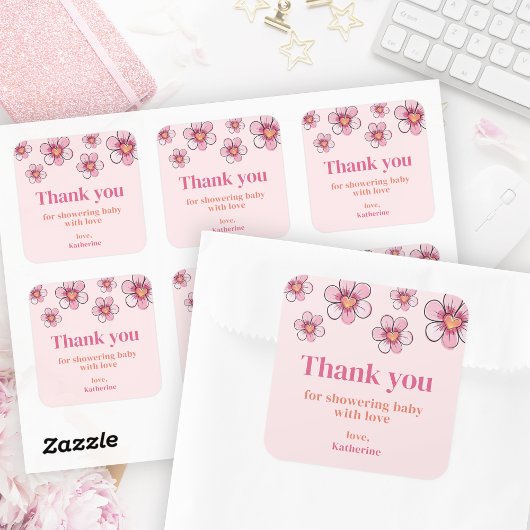 Pink Daisy Baby Shower Square Thank You Sticker