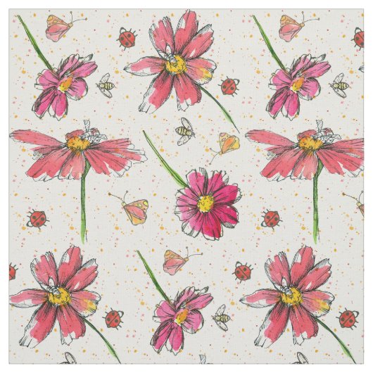 Pink Daisy Bees Ladybugs Stof (Swatch)