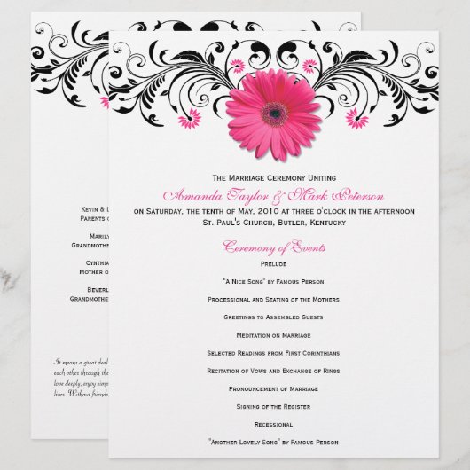 Pink Daisy Black White Floral Wedding Programme (Voorkant / Achterkant)