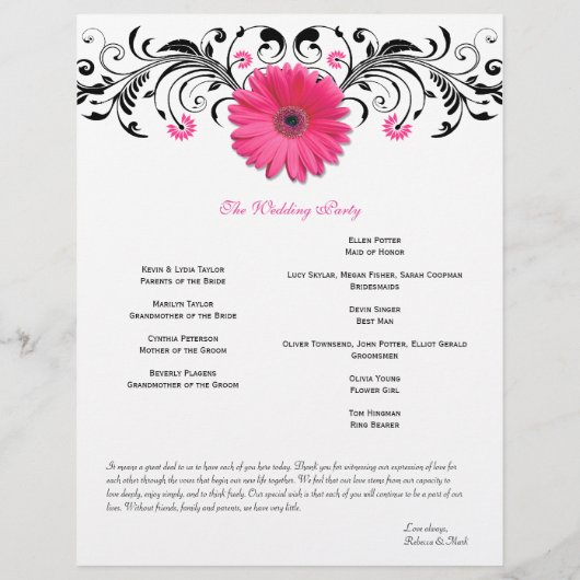 Pink Daisy Black White Floral Wedding Programme (Achterkant)