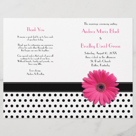 Pink Daisy Black White Polka Dot Wedding Program (Voorkant)