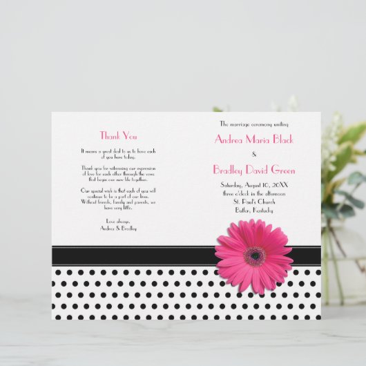 Pink Daisy Black White Polka Dot Wedding Program (Staand voorkant)