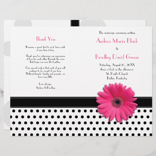 Pink Daisy Black White Polka Dot Wedding Program (Voorkant / Achterkant)