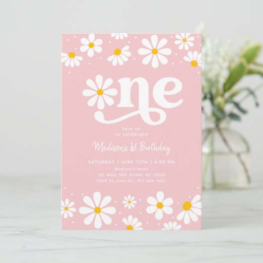 Pink Daisy Boho eerste verjaardag Kaart (Staand voorkant)